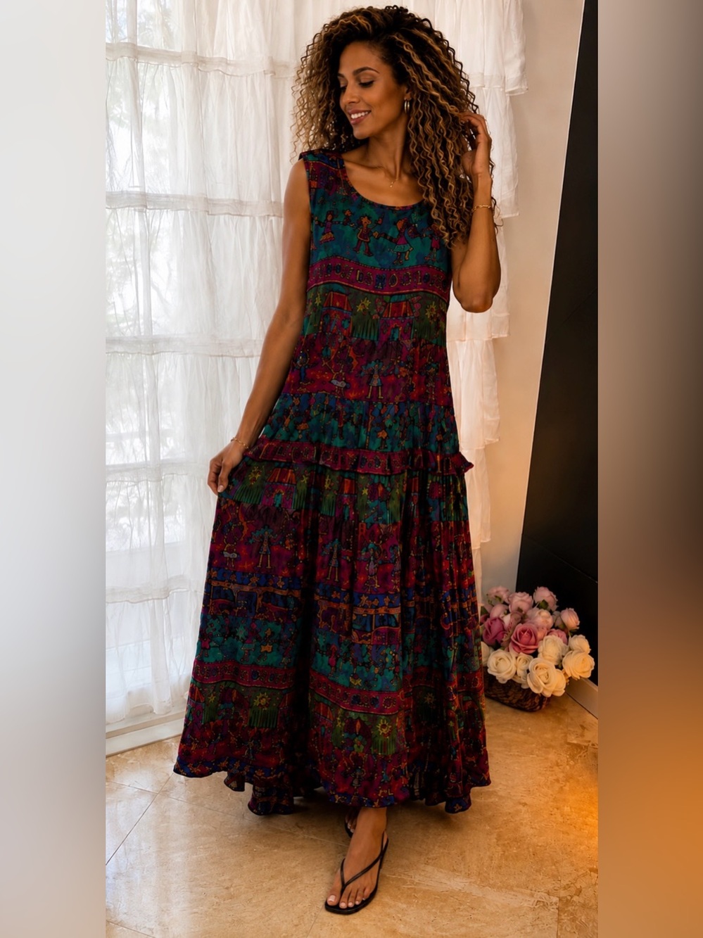 NWT Bila Tribal Print Sleeveless Boho Maxi Dress in Teal & Burgundy Large